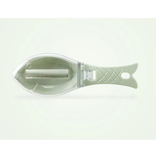 Fish-shaped scale scraper with removable knife and containment cover