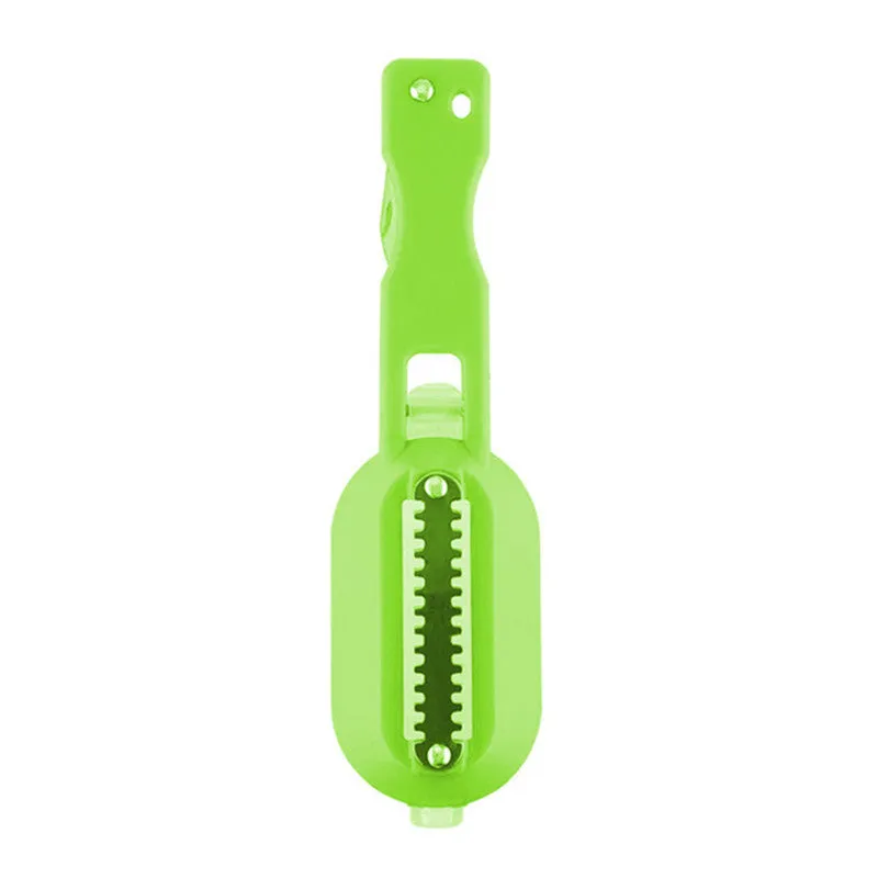 Fish-shaped scale scraper with removable knife and containment cover