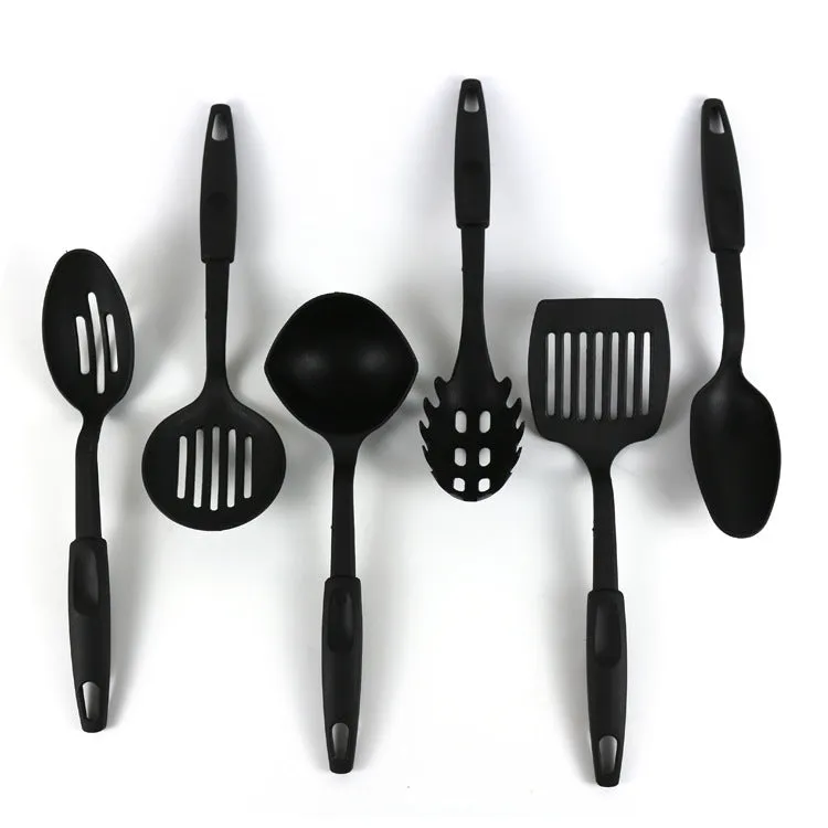 Black rubber shovel spoon kitchen utensil set for non-stick pans.