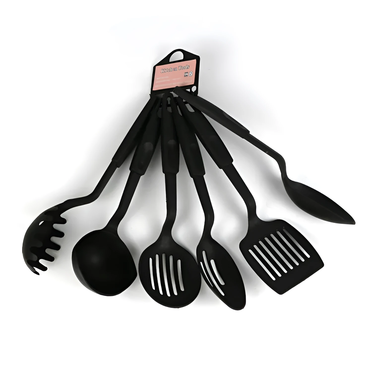 Black rubber shovel spoon kitchen utensil set for non-stick pans.