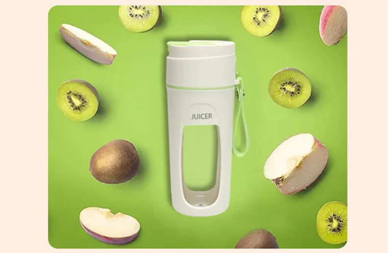 Portable USB rechargeable blender with borosilicate glass cup in fresh orange, grass green, and light purple colours.