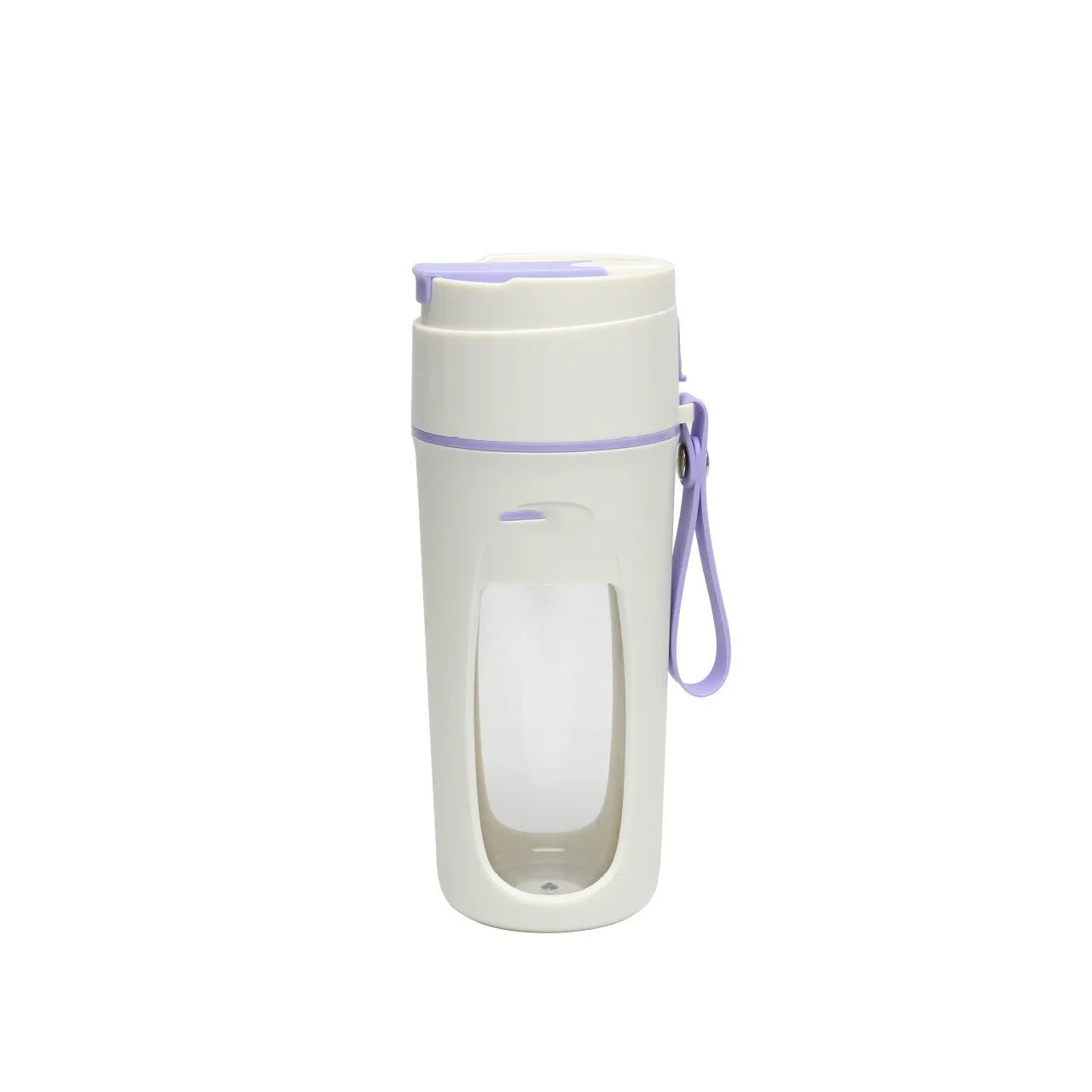 Portable USB rechargeable blender with borosilicate glass cup in fresh orange, grass green, and light purple colours.