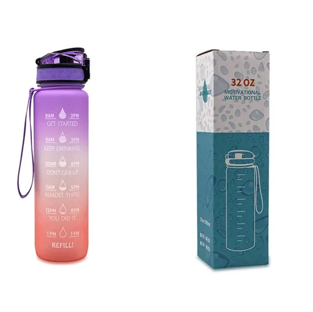 1L Tritan sports water bottle with time markers and flip-top lid in blue-red gradient colour