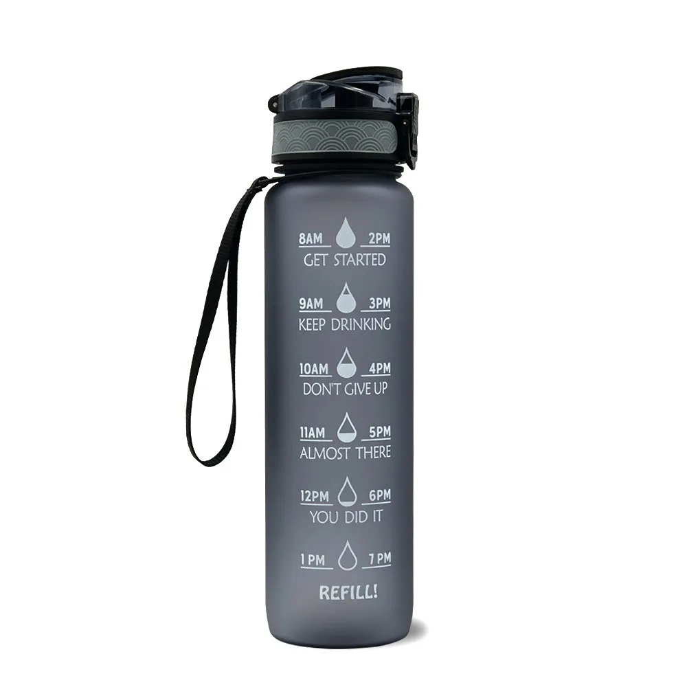 1L Tritan sports water bottle with time markers and flip-top lid in blue-red gradient colour