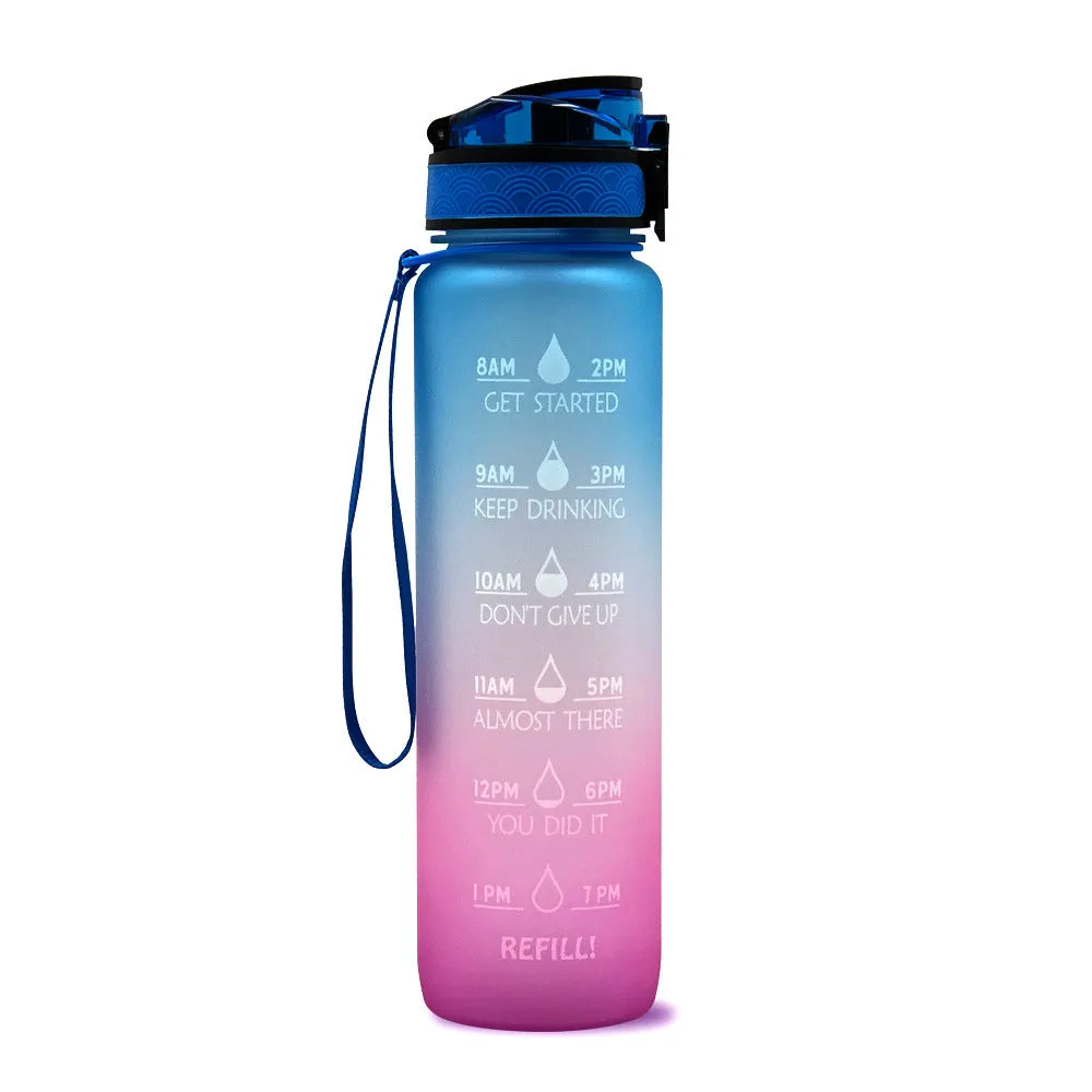 1L Tritan sports water bottle with time markers and flip-top lid in blue-red gradient colour