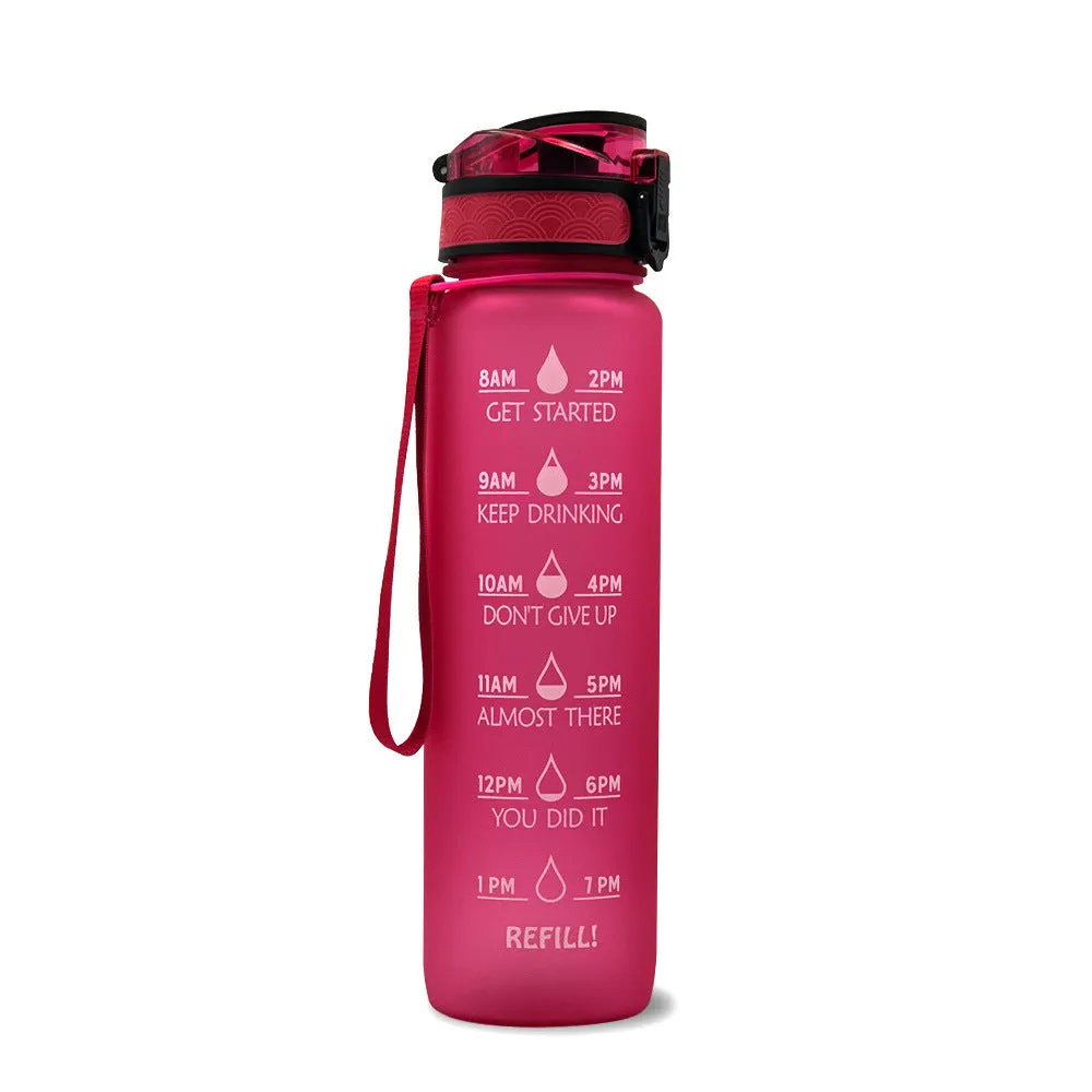 1L Tritan sports water bottle with time markers and flip-top lid in blue-red gradient colour
