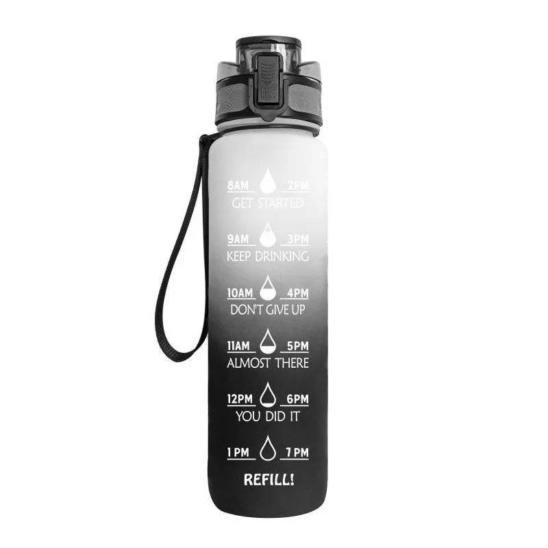 1L Tritan sports water bottle with time markers and flip-top lid in blue-red gradient colour