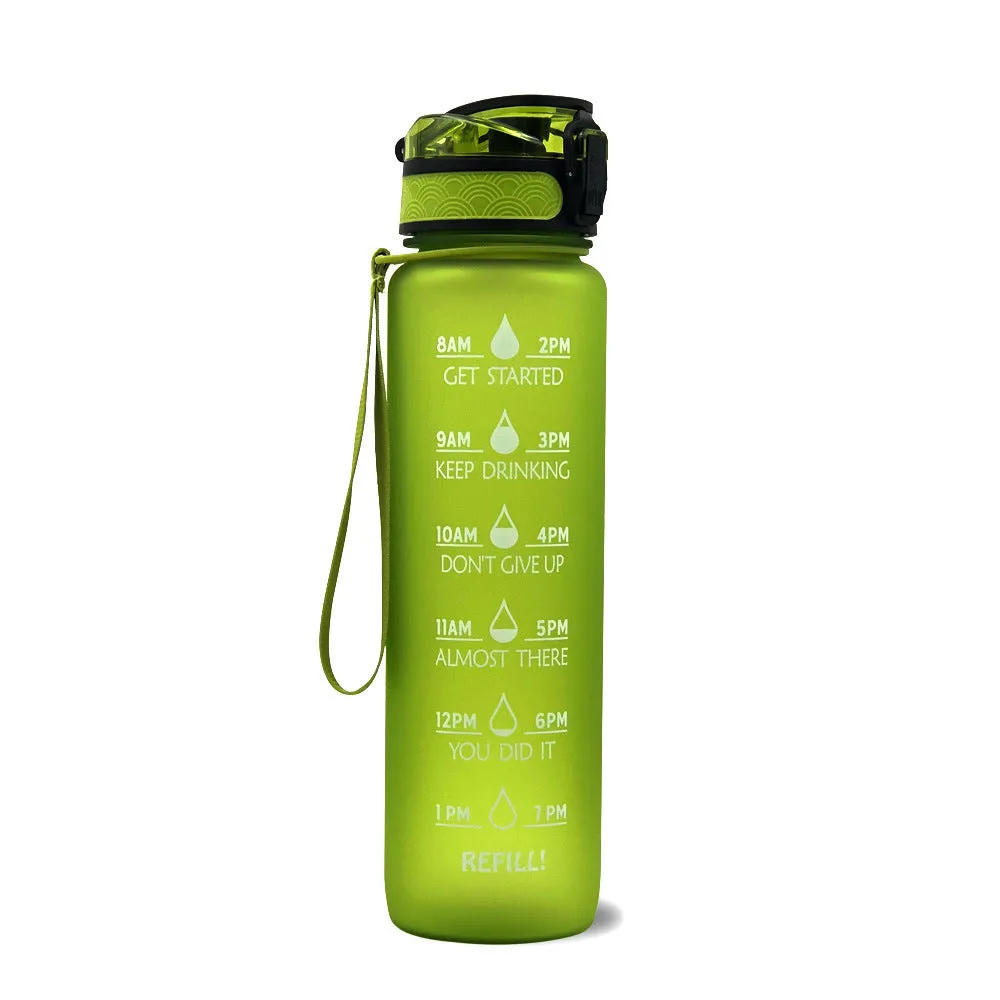 1L Tritan sports water bottle with time markers and flip-top lid in blue-red gradient colour