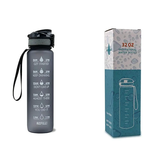 1L Tritan sports water bottle with time markers and flip-top lid in blue-red gradient colour