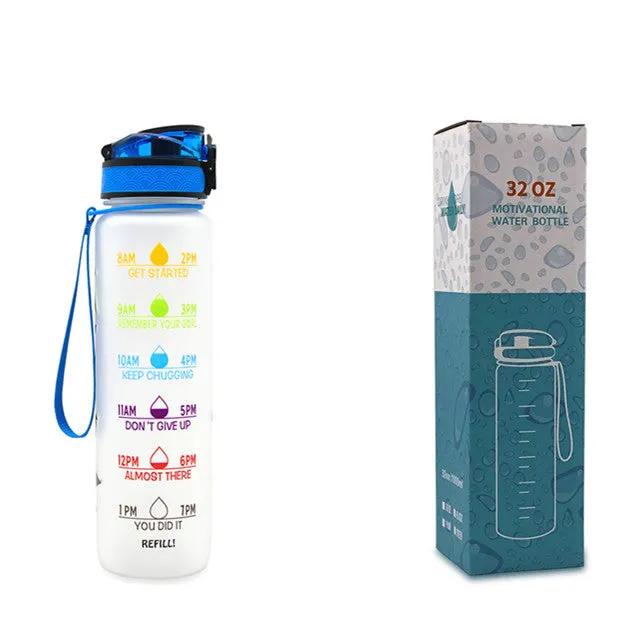 1L Tritan sports water bottle with time markers and flip-top lid in blue-red gradient colour