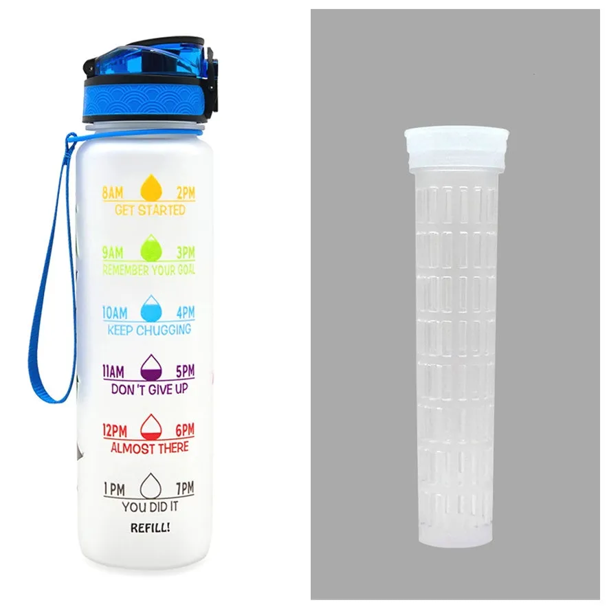 1L Tritan sports water bottle with time markers and flip-top lid in blue-red gradient colour