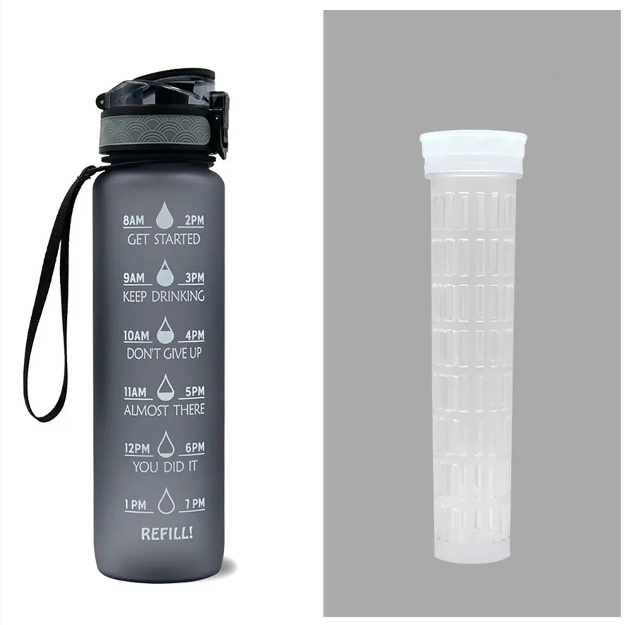 1L Tritan sports water bottle with time markers and flip-top lid in blue-red gradient colour