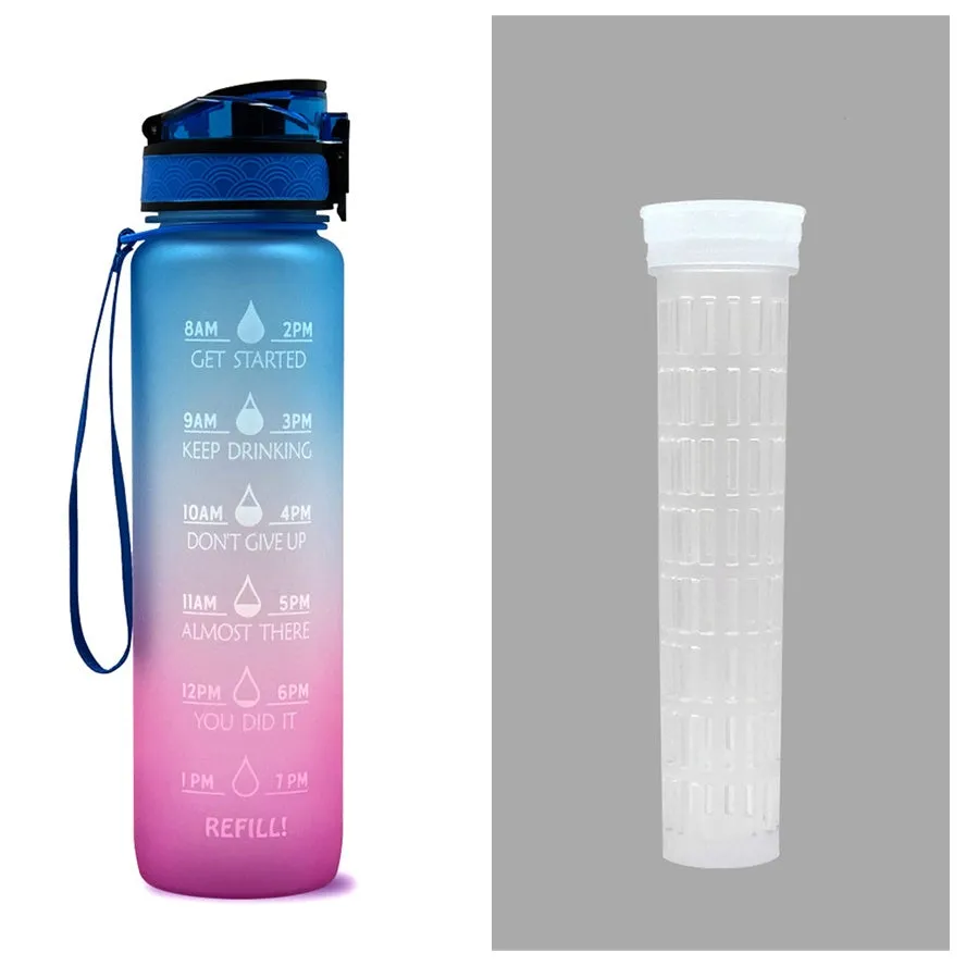 1L Tritan sports water bottle with time markers and flip-top lid in blue-red gradient colour