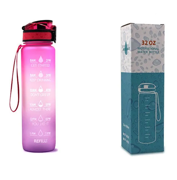 1L Tritan sports water bottle with time markers and flip-top lid in blue-red gradient colour