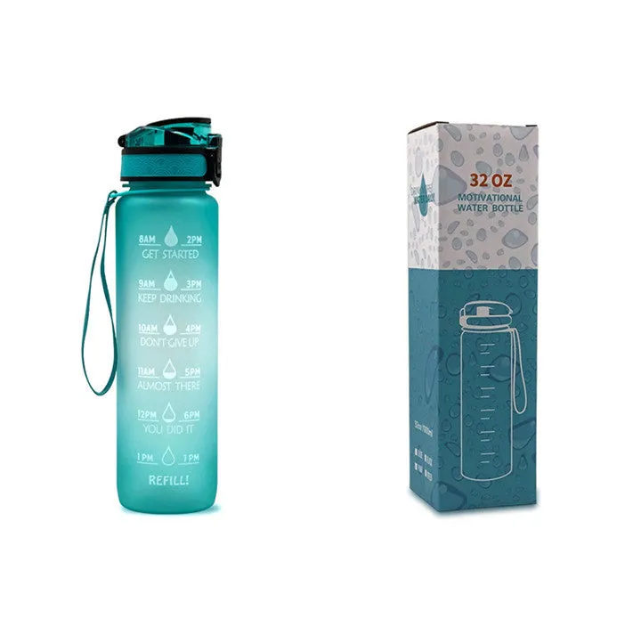 1L Tritan sports water bottle with time markers and flip-top lid in blue-red gradient colour