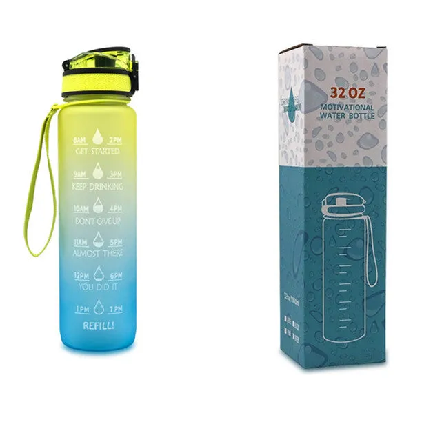 1L Tritan sports water bottle with time markers and flip-top lid in blue-red gradient colour