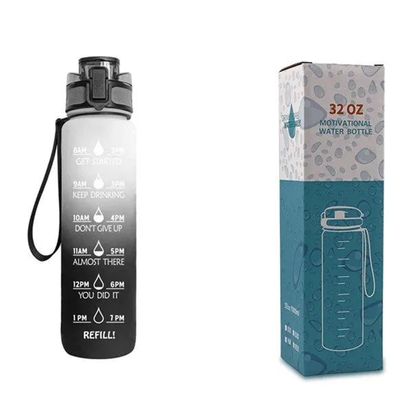1L Tritan sports water bottle with time markers and flip-top lid in blue-red gradient colour