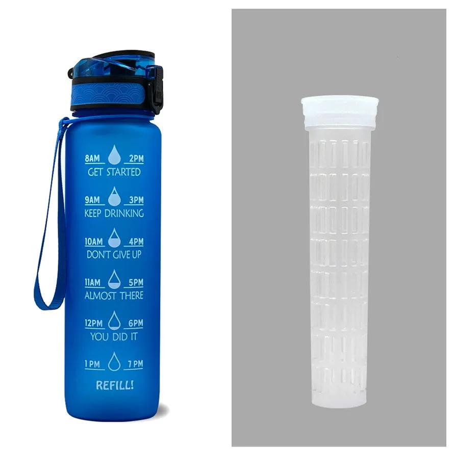 1L Tritan sports water bottle with time markers and flip-top lid in blue-red gradient colour