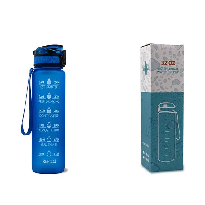 1L Tritan sports water bottle with time markers and flip-top lid in blue-red gradient colour