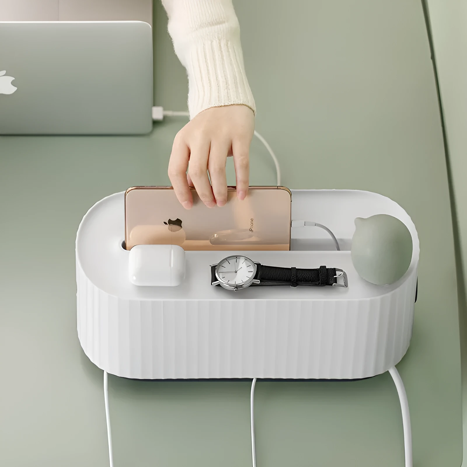 Blue HIPS power strip storage box with double-buckle lid and phone slot on a desk, 331x143x141mm