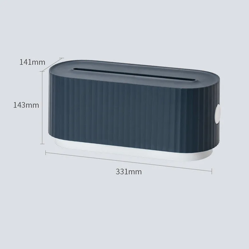 Blue HIPS power strip storage box with double-buckle lid and phone slot on a desk, 331x143x141mm