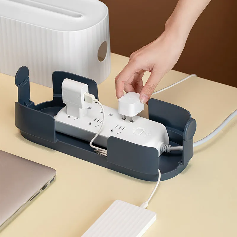 Blue HIPS power strip storage box with double-buckle lid and phone slot on a desk, 331x143x141mm