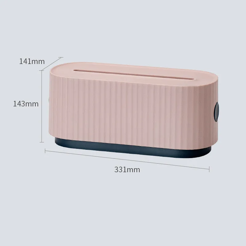Blue HIPS power strip storage box with double-buckle lid and phone slot on a desk, 331x143x141mm