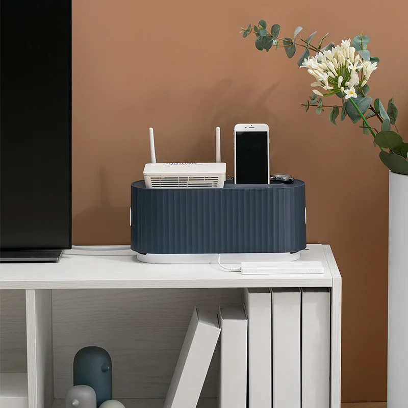 Blue HIPS power strip storage box with double-buckle lid and phone slot on a desk, 331x143x141mm