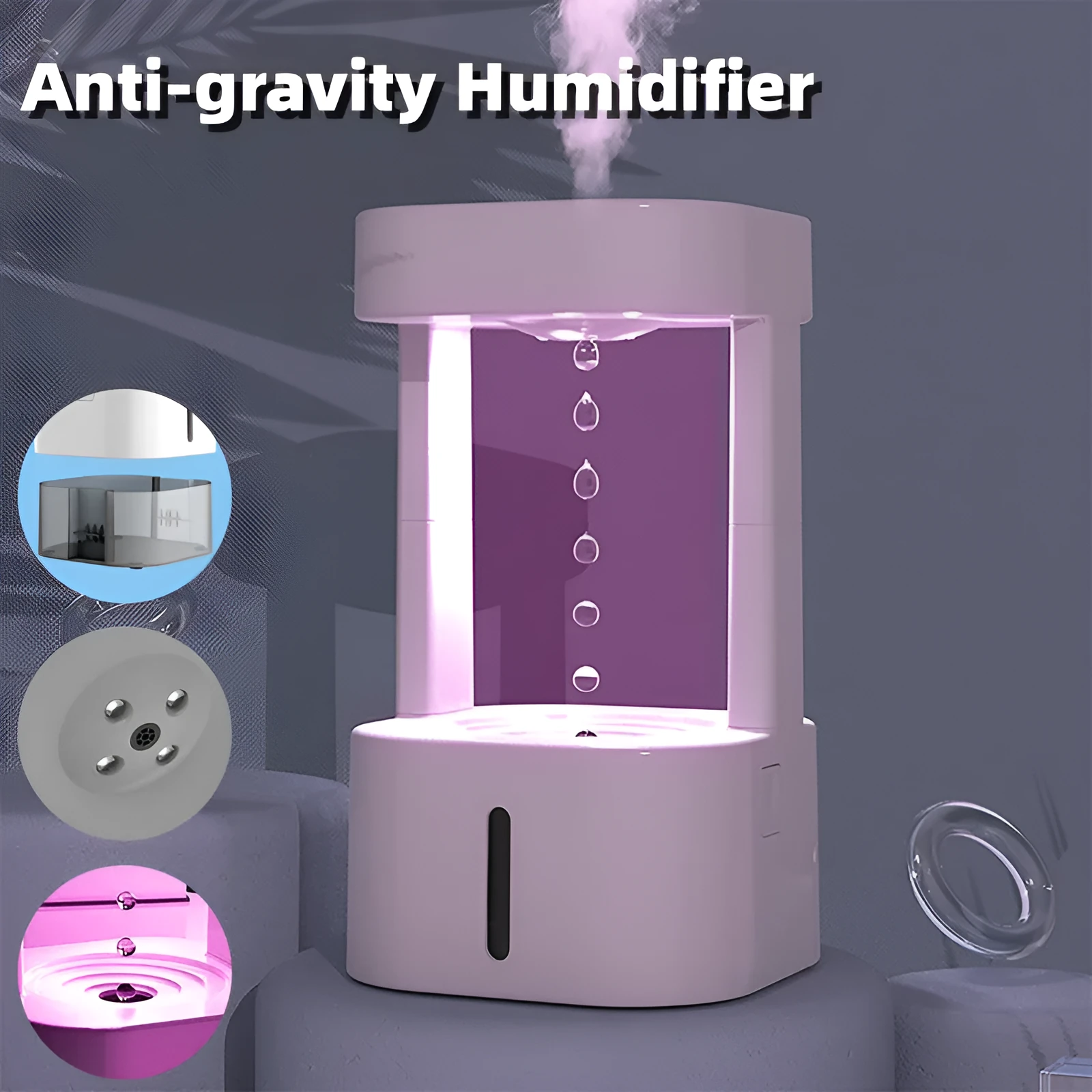 White anti-gravity water droplet USB humidifier with coloured lights on a desk