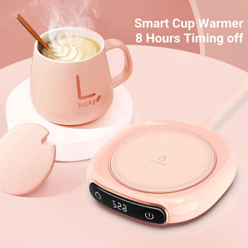 White USB-powered coffee mug warmer coaster on a wooden desk