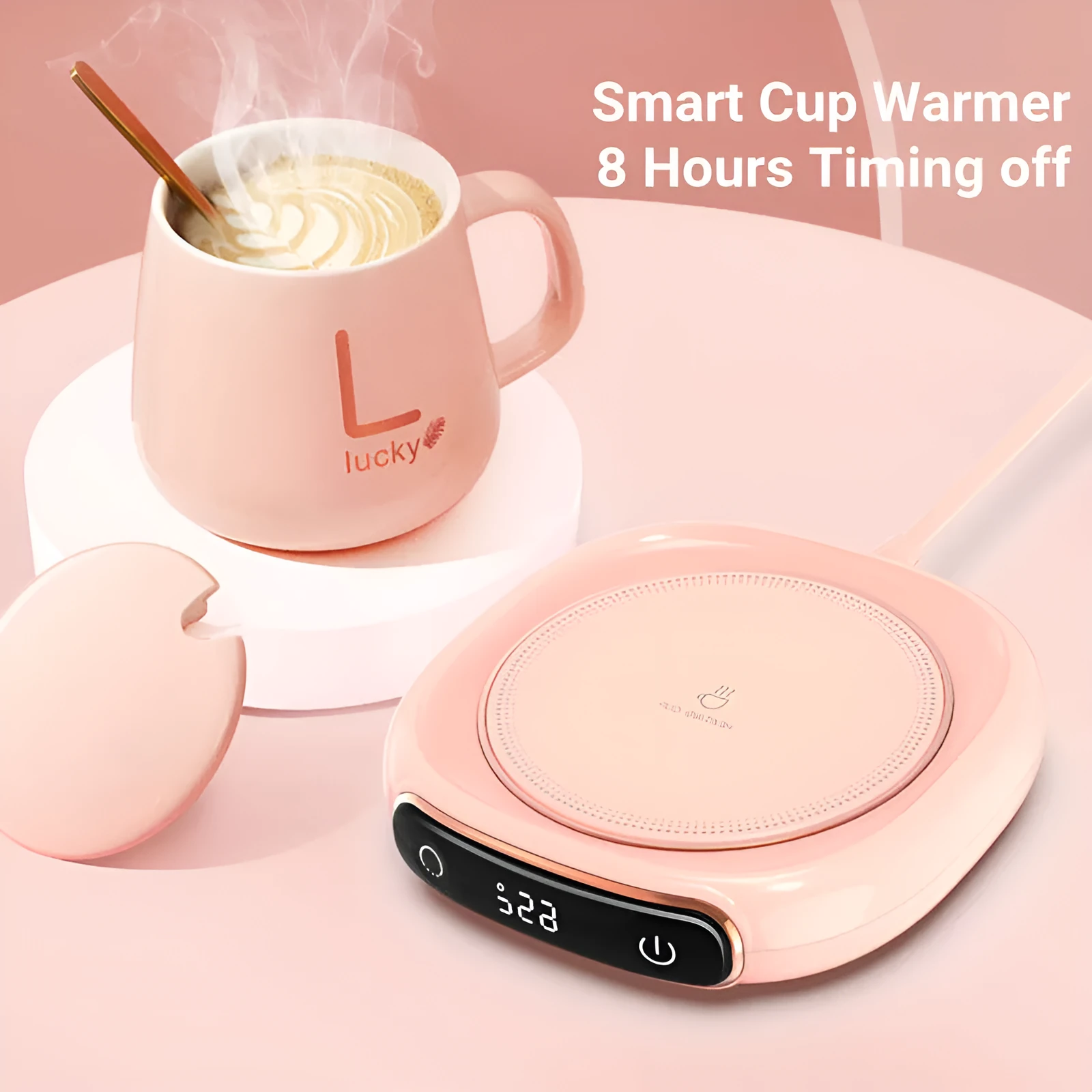 White USB-powered coffee mug warmer coaster on a wooden desk
