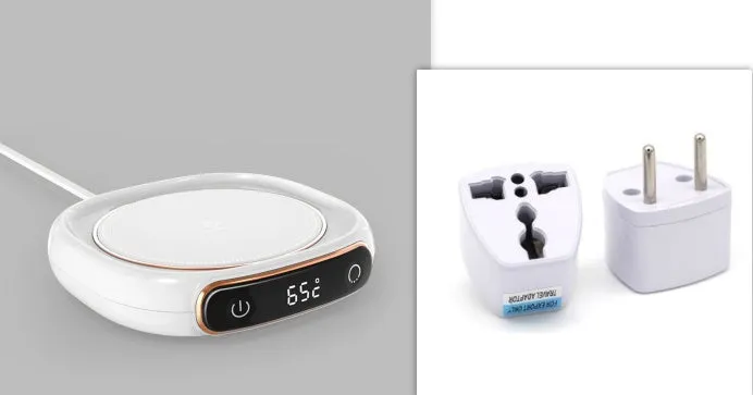 White USB-powered coffee mug warmer coaster on a wooden desk