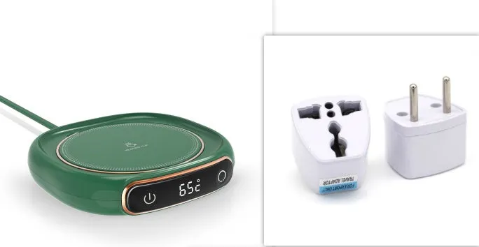 White USB-powered coffee mug warmer coaster on a wooden desk