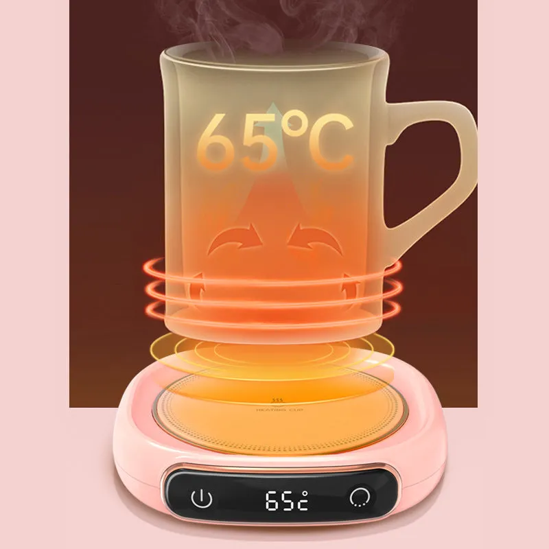 White USB-powered coffee mug warmer coaster on a wooden desk