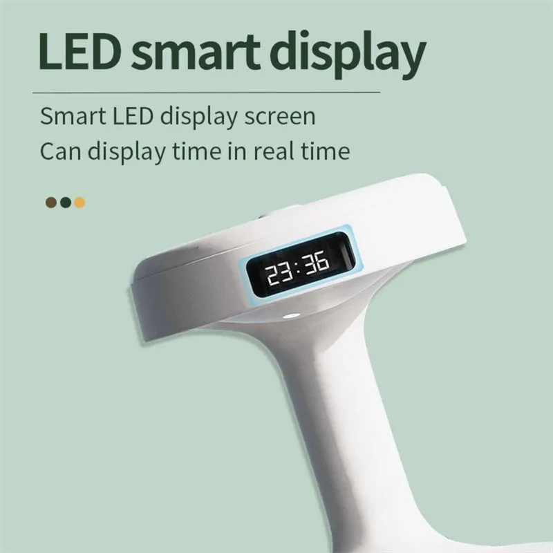 White columnar anti-gravity humidifier with LED clock display and water droplet backflow feature