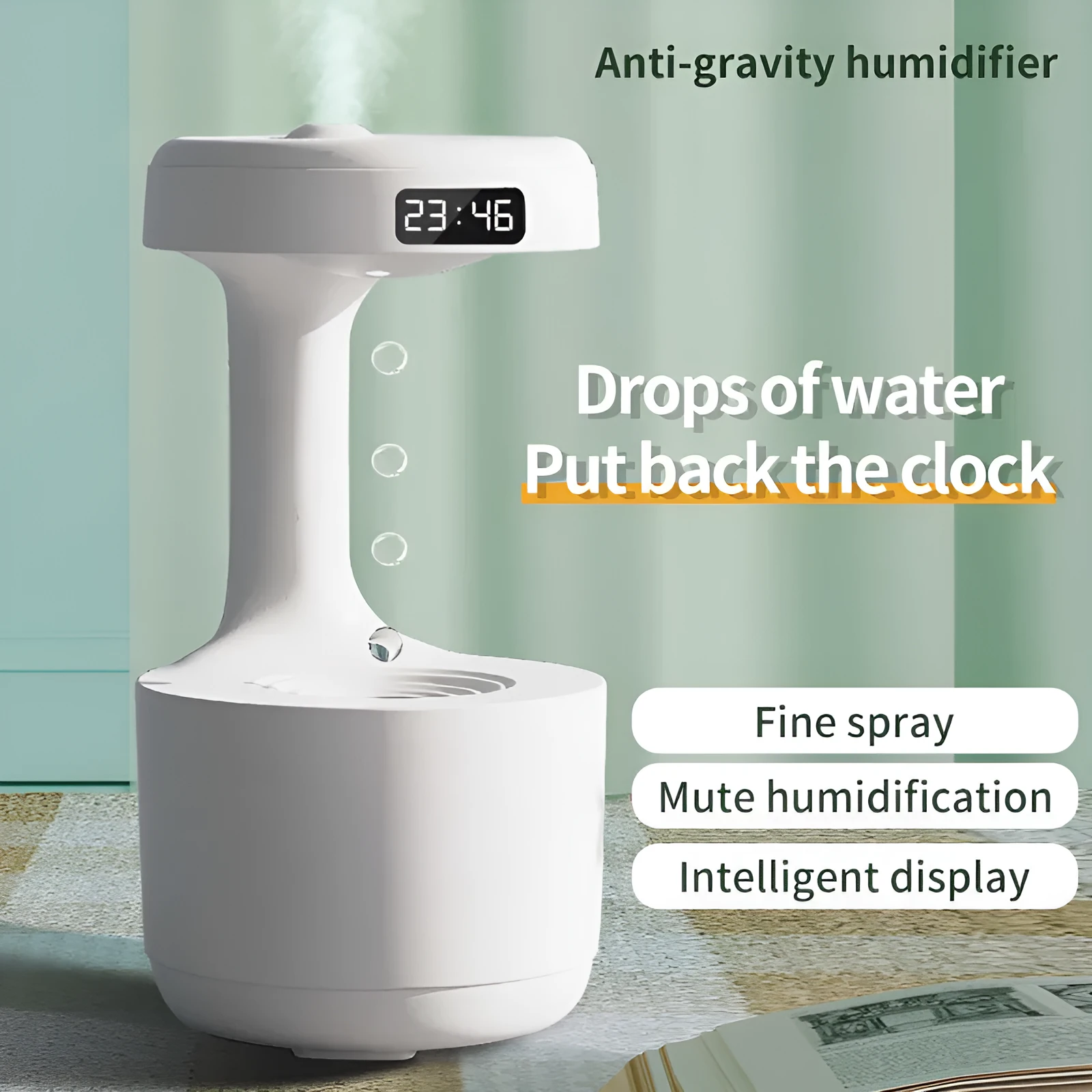 White columnar anti-gravity humidifier with LED clock display and water droplet backflow feature