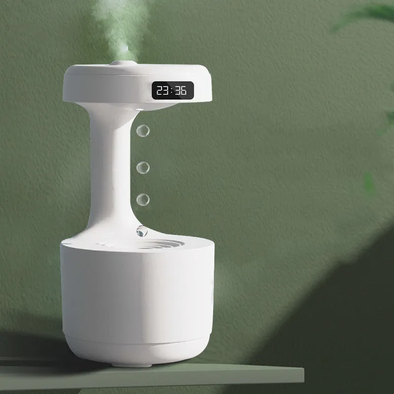 White columnar anti-gravity humidifier with LED clock display and water droplet backflow feature