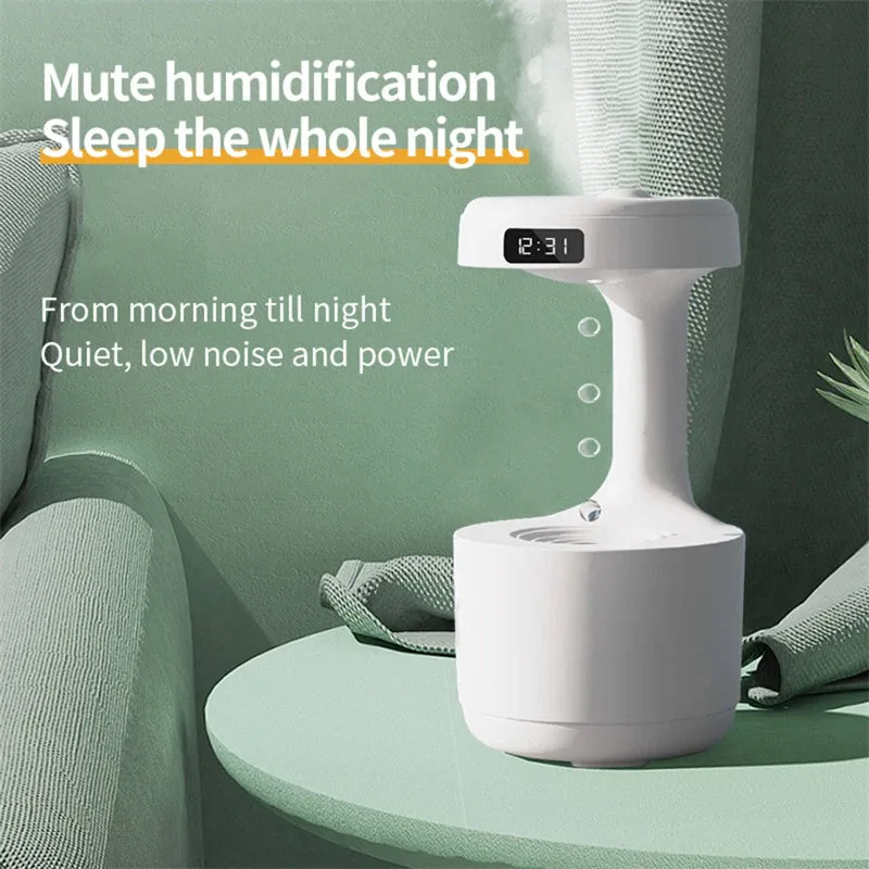 White columnar anti-gravity humidifier with LED clock display and water droplet backflow feature