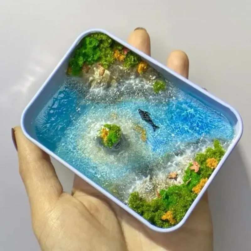 DIY bamboo handmade marine landscape model ornament for aquariums on a table.
