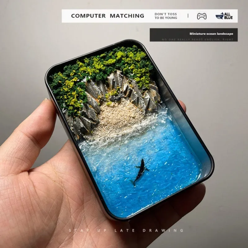 DIY bamboo handmade marine landscape model ornament for aquariums on a table.