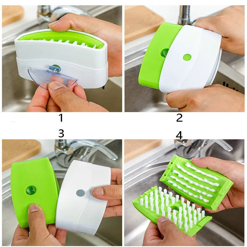 Blue kitchen cleaning brush with suction cup showing knife and fork design for washing fruits and vegetables