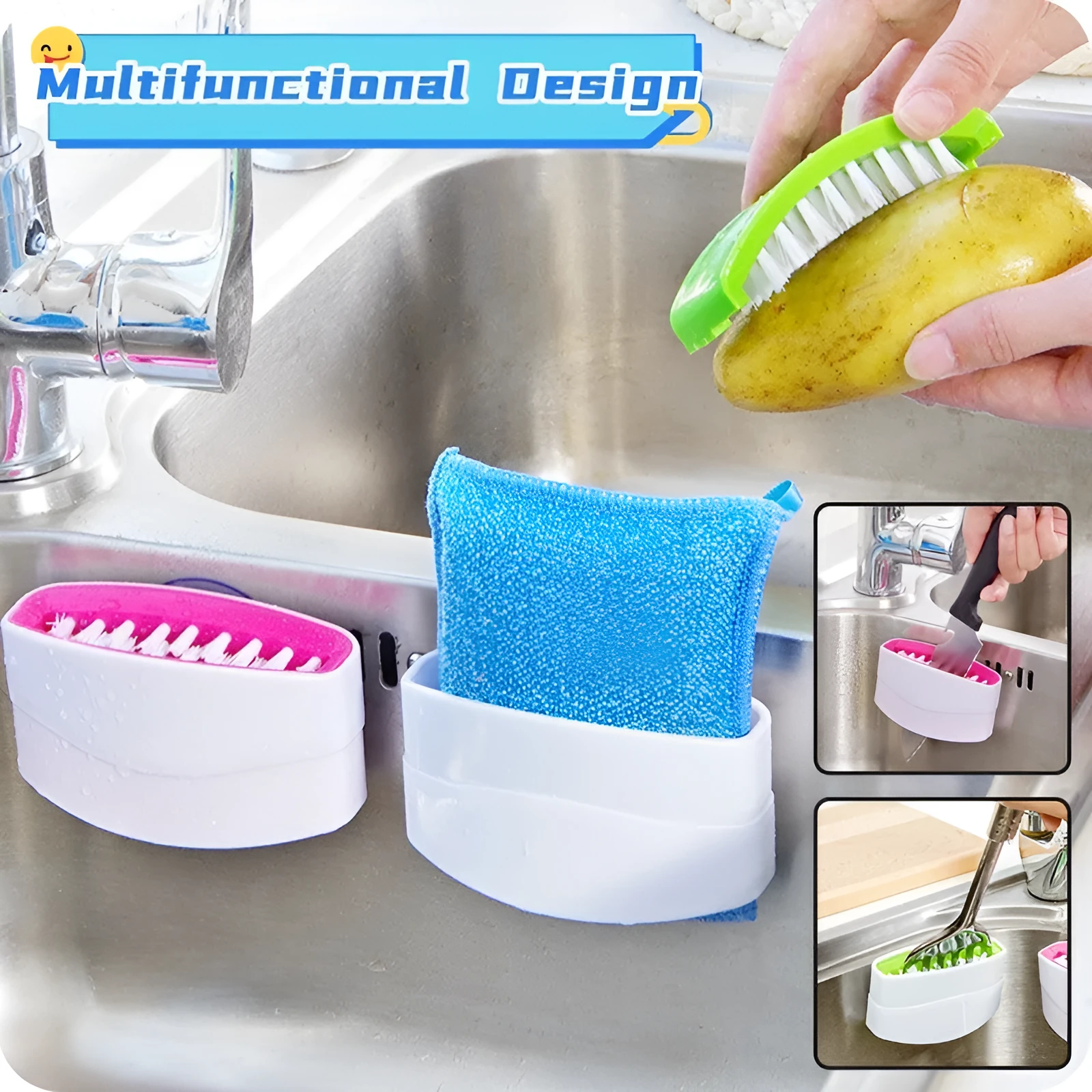 Blue kitchen cleaning brush with suction cup showing knife and fork design for washing fruits and vegetables