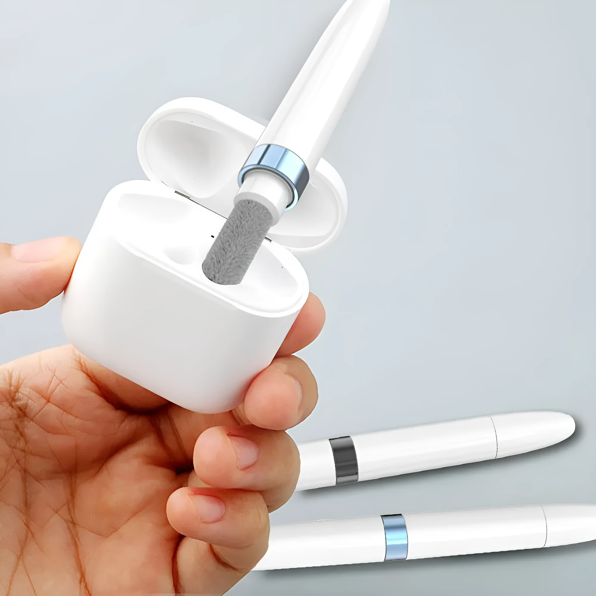 Three-layer electronics cleaning pen with metal nib, sponge and brush for earphones and keyboards
