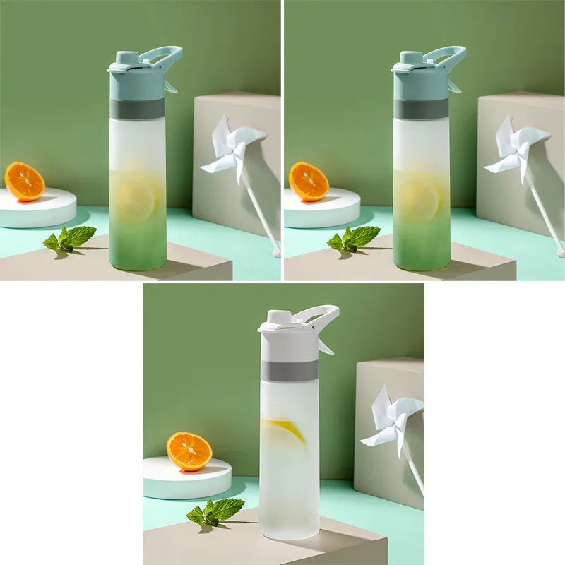 White 700ml plastic spray water bottle with handle strap and leakproof lid.