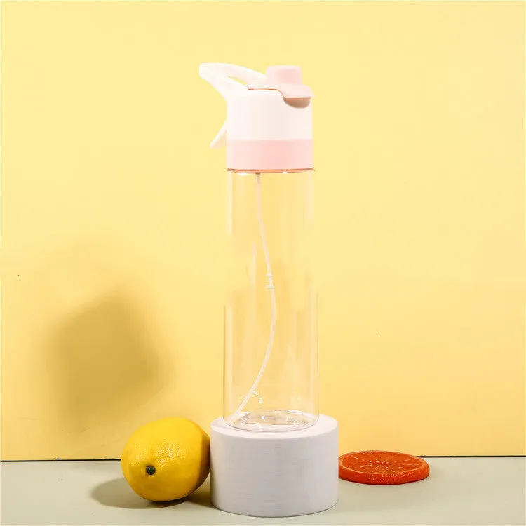White 700ml plastic spray water bottle with handle strap and leakproof lid.