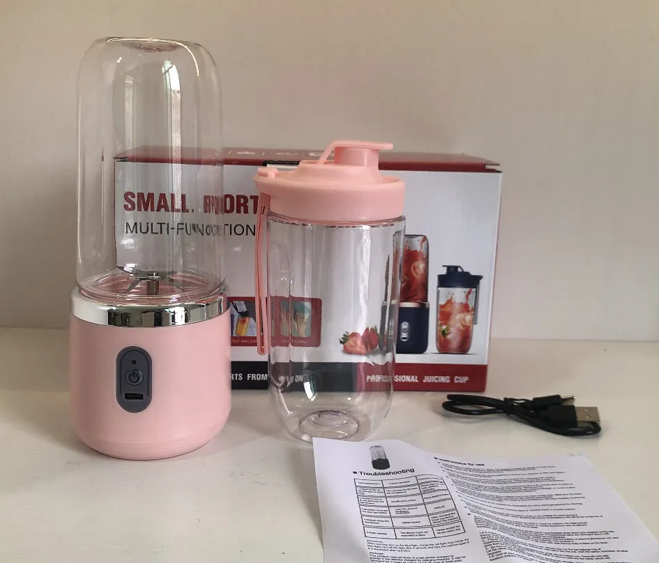 Tunisian dark blue portable USB juicer blender with six blades and 400ml cup.