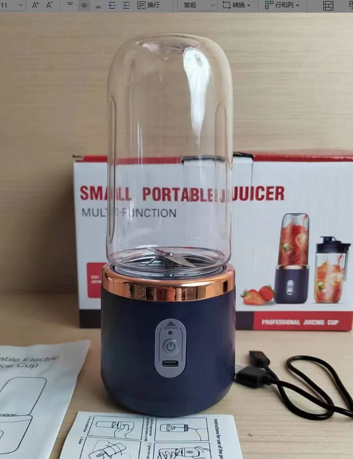 Tunisian dark blue portable USB juicer blender with six blades and 400ml cup.