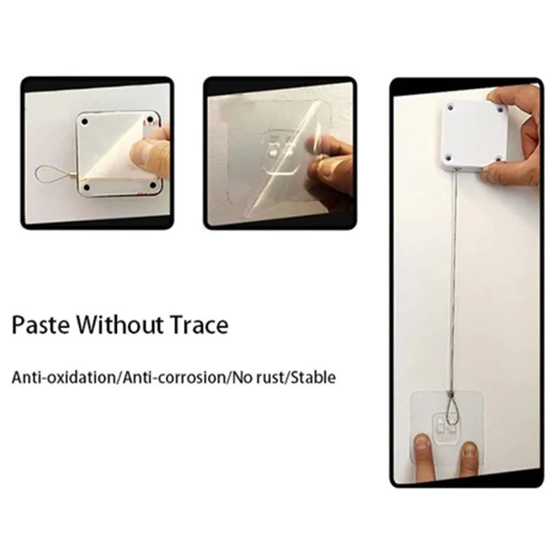 Automatic door closer with adhesive backing and transparent hook for punch-free installation on a door.