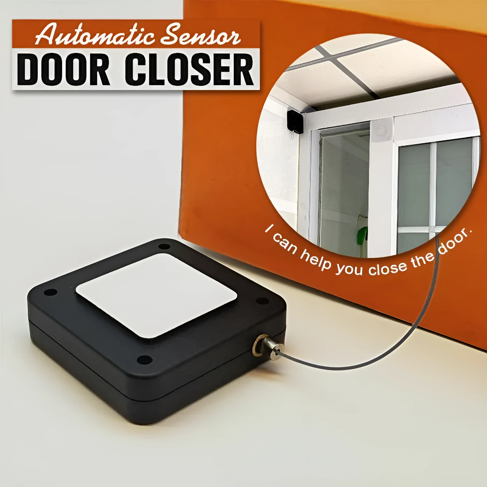Automatic door closer with adhesive backing and transparent hook for punch-free installation on a door.