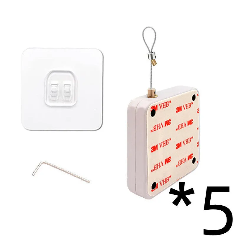 Automatic door closer with adhesive backing and transparent hook for punch-free installation on a door.